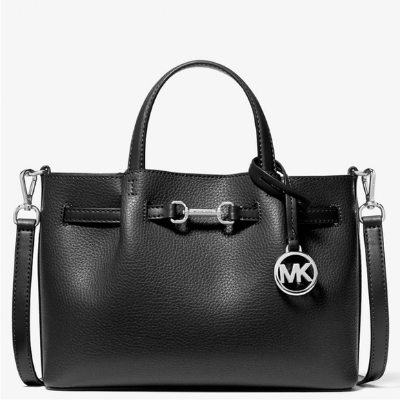 Michael Kors Carson Small Pebbled Leather Satchel Bag Black/Silver - Picture 1 of 9